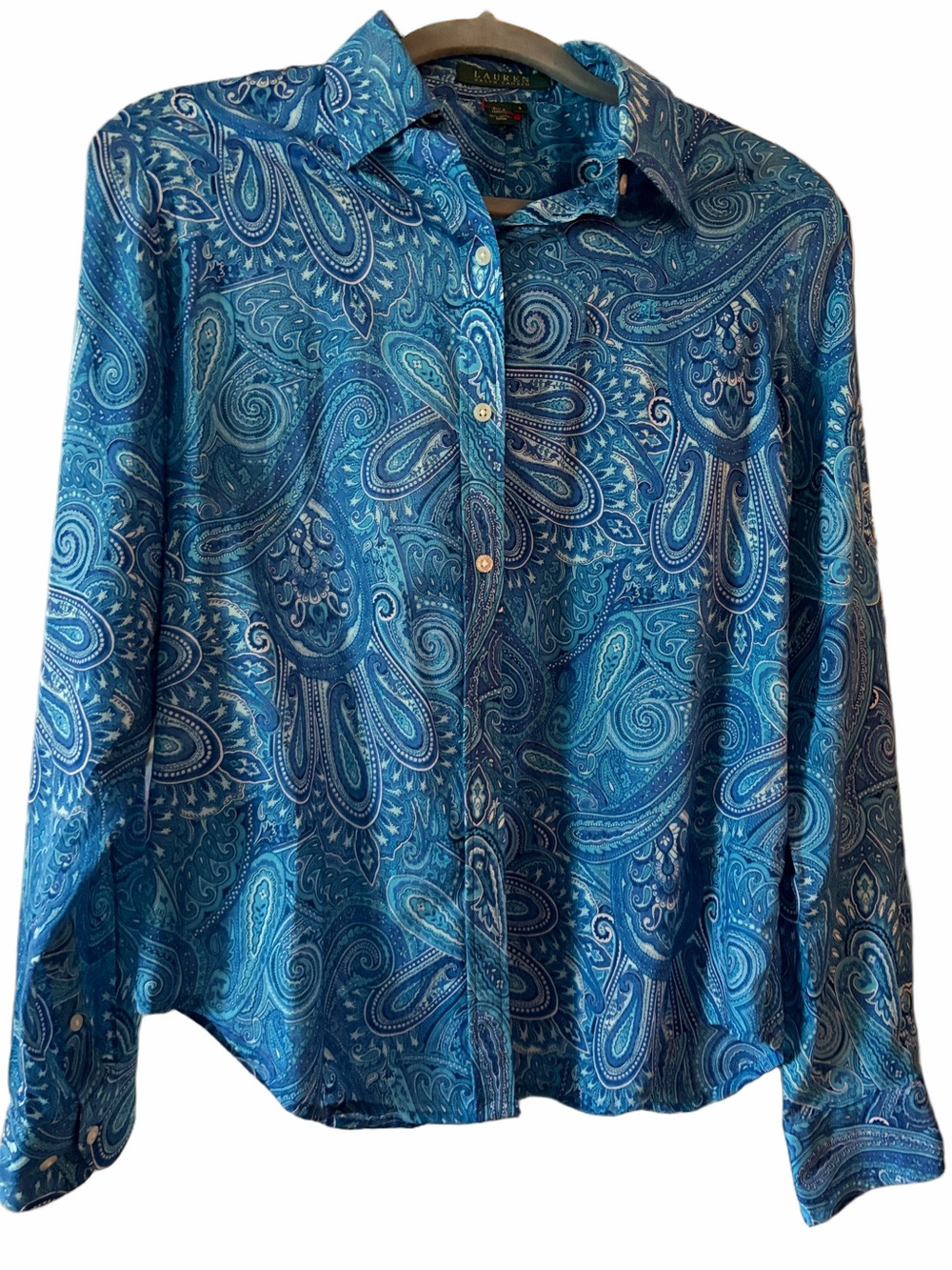 Vintage 1990 blue paisley Ralph Lauren cotton button down blouse. Small.